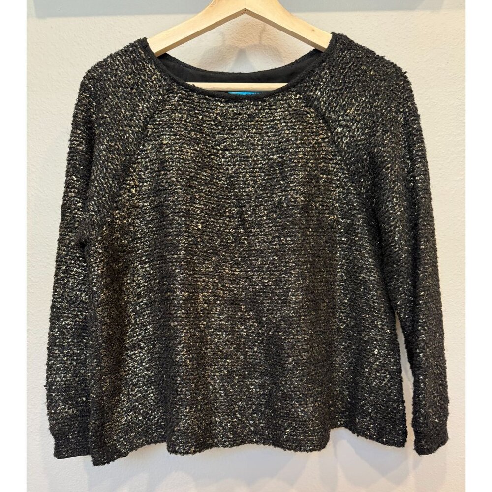 Alice + Olivia Metallic Gold Black Wool Blend Tweed Sweater Small Boxy Preppy